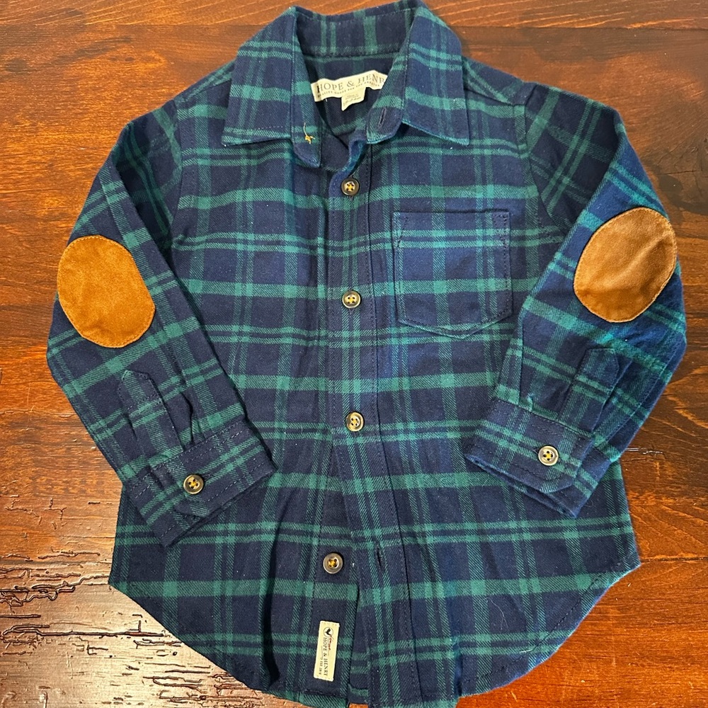 Kids Hope and Henry Blue Plaid Shirt with Brown Elbow Patches